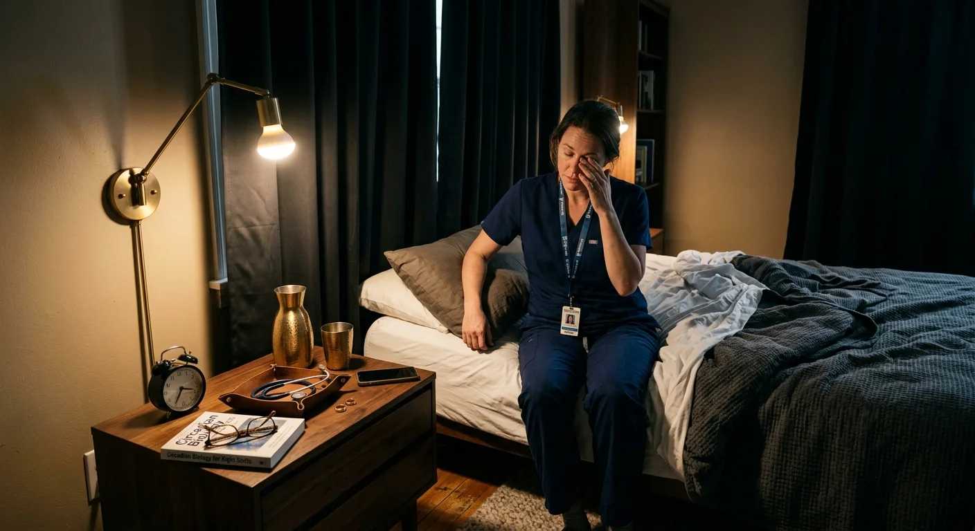 Woman in blue scrubs rubbing her eye while sitting on an unmade bed beside a lit lamp on a nightstand.