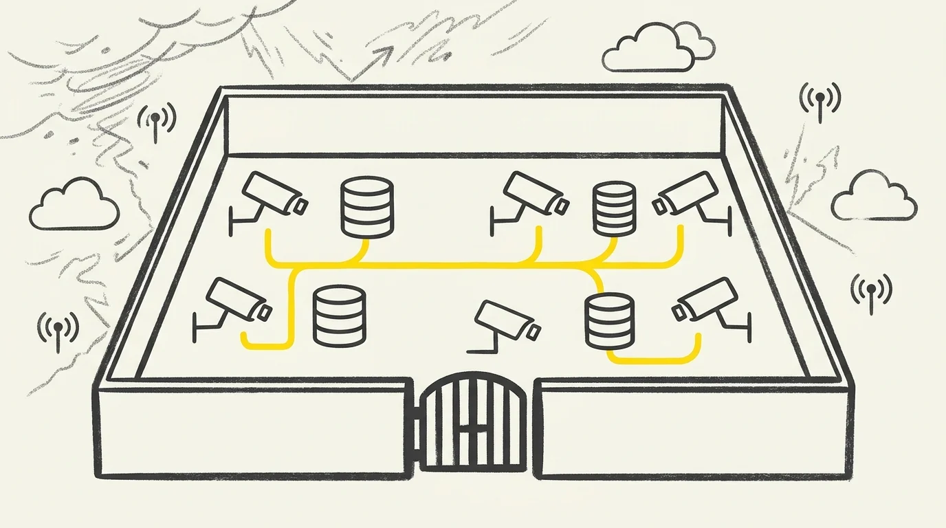 Line drawing of security cameras and data storage icons linked by yellow lines inside a walled courtyard with a closed gate.