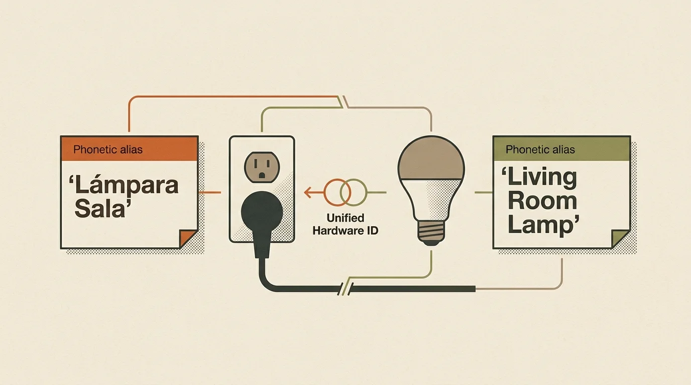 Diagram connecting a wall outlet and lightbulb with phonetic aliases for Lámpara Sala and Living Room Lamp.
