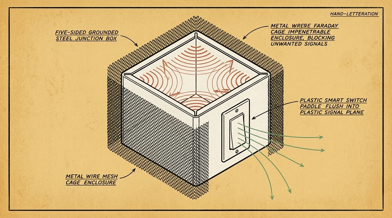 Diagram of a steel junction box wrapped in wire mesh, showing trapped internal radio waves and signals escaping a switch face.