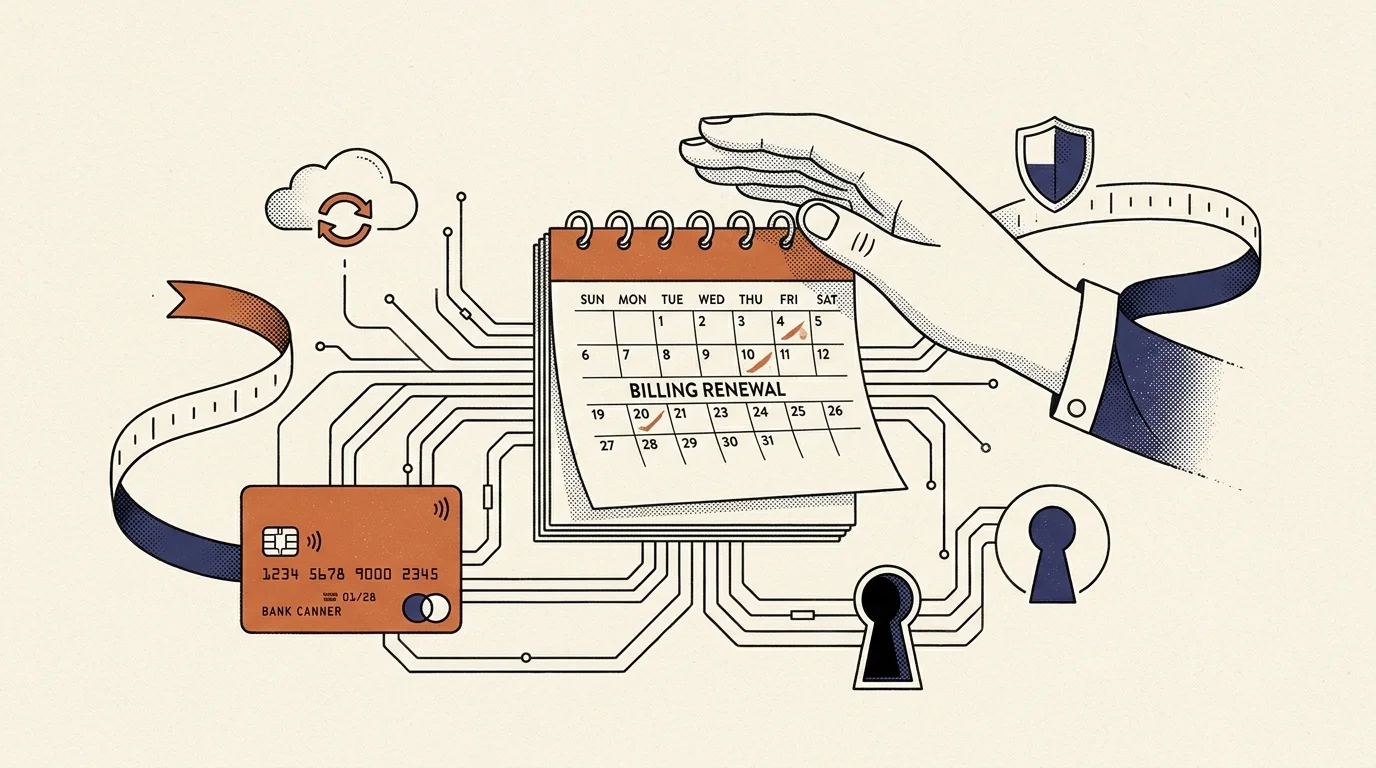 Illustration of a hand hovering over a billing renewal calendar linked by circuit lines to a credit card and cloud icon.