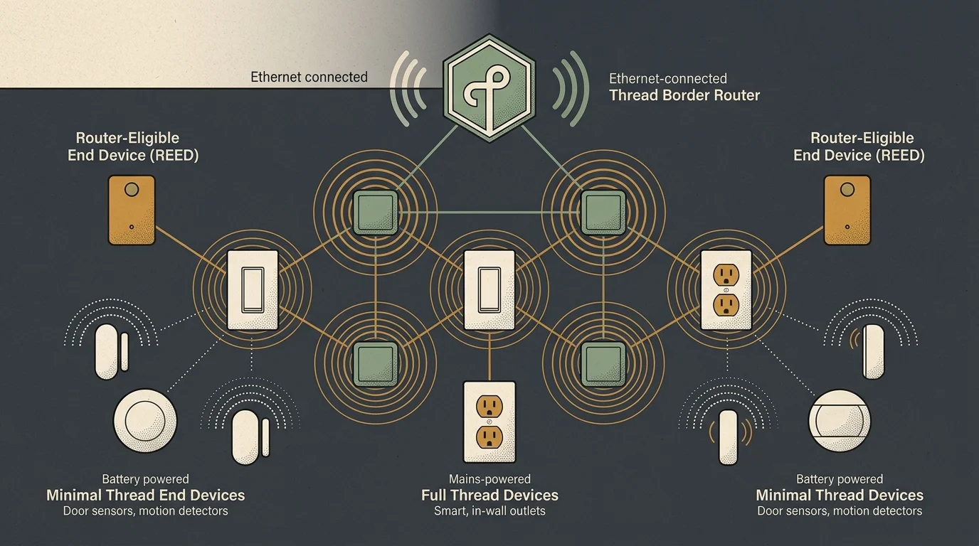 Diagram of a Thread mesh network linking a border router, Full Thread Devices, REEDs, and Minimal Thread Devices.