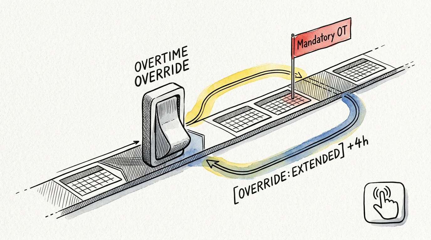 Illustration of a timeline track with a light switch labeled Overtime Override and a red Mandatory OT flag.
