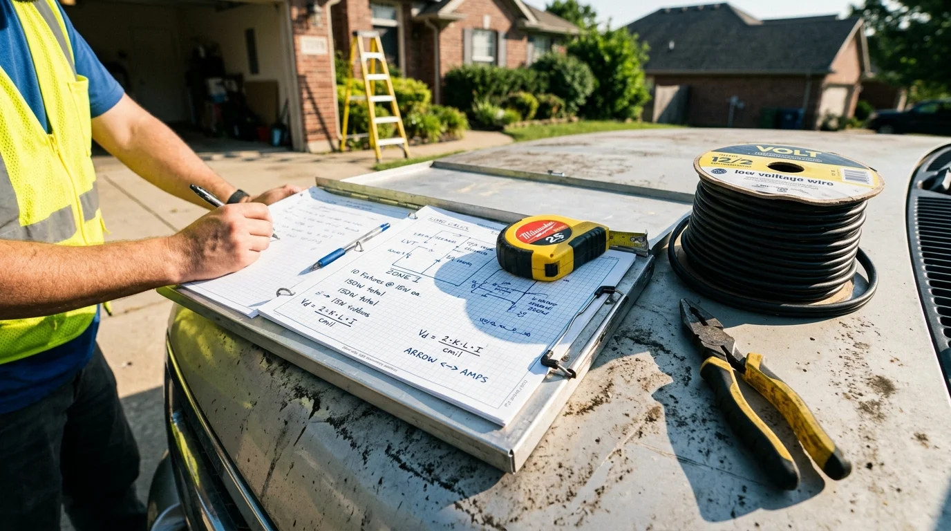 Electrician writes calculations on clipboard near wire spool, pliers, and tape measure set on a vehicle hood outdoors.