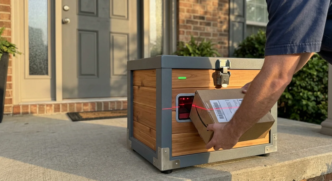Person scanning a cardboard shipping box under a red laser scanner built into a wooden delivery lockbox on a front porch.