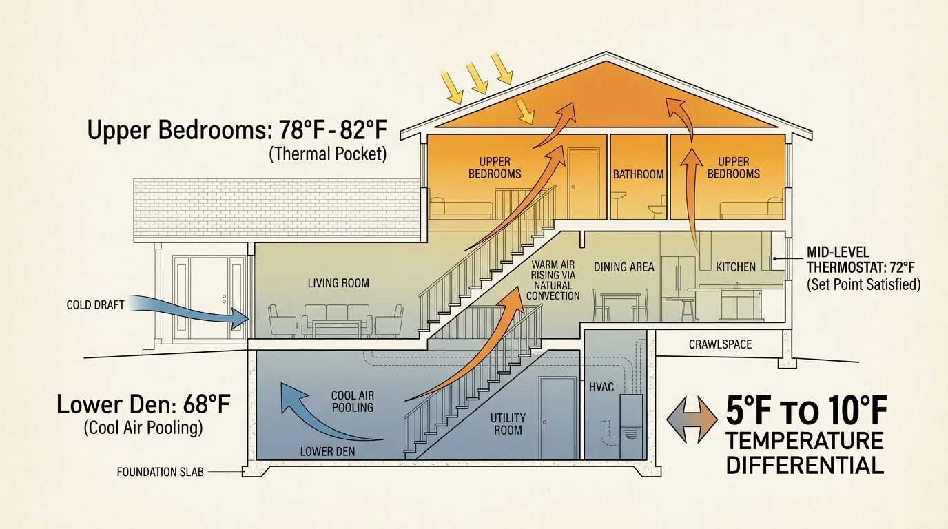 Split-level house cross-section diagram showing warm air rising upstairs and cool air pooling in the lower den.