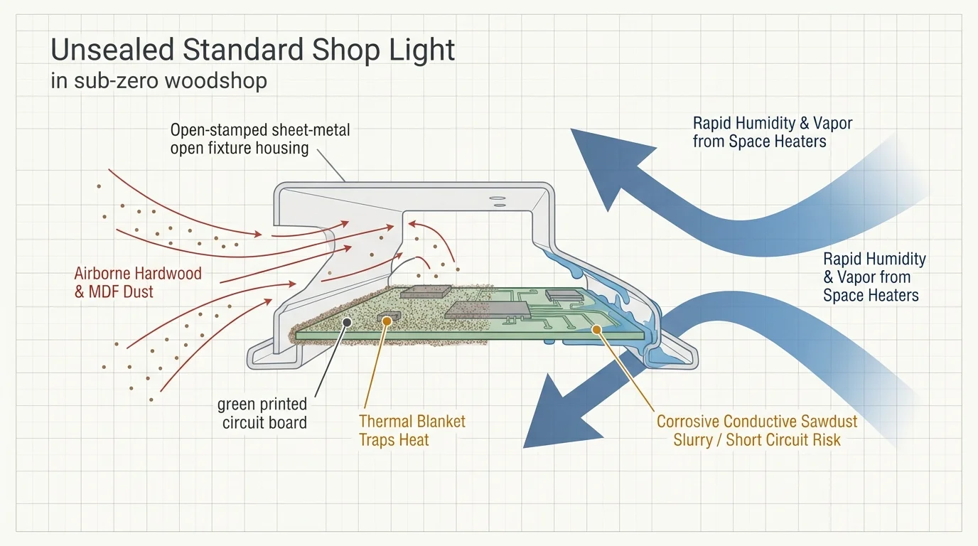 Diagram of an unsealed shop light showing airborne dust and space heater humidity entering the open metal housing.