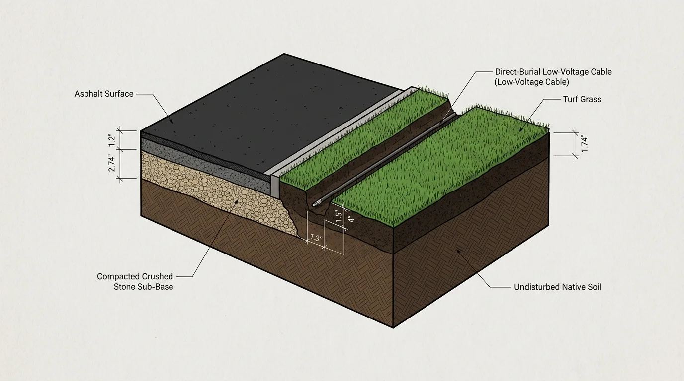 Cross-section diagram showing direct-burial low-voltage cable trenched into turf grass alongside an asphalt driveway edge.