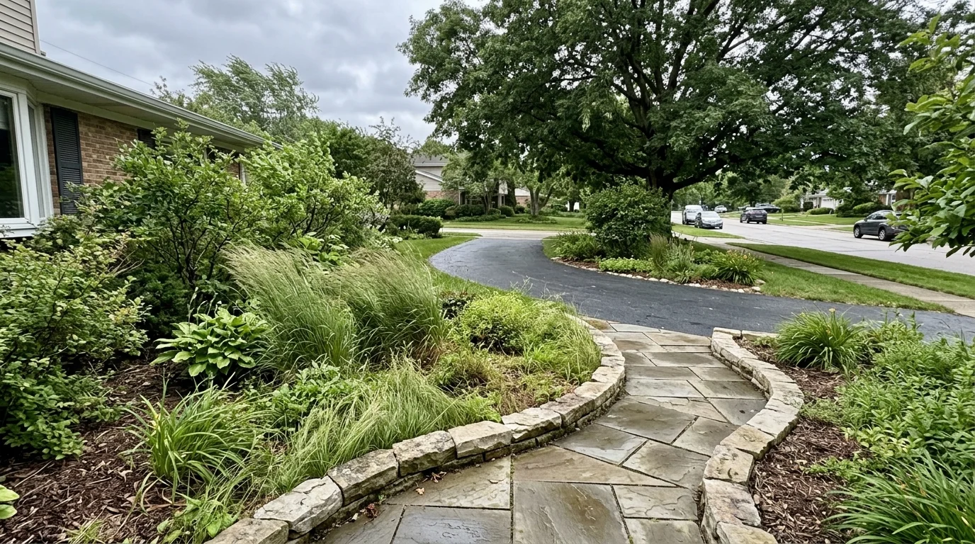 Curved stone pathway leading from a suburban front yard garden toward an asphalt driveway and street.
