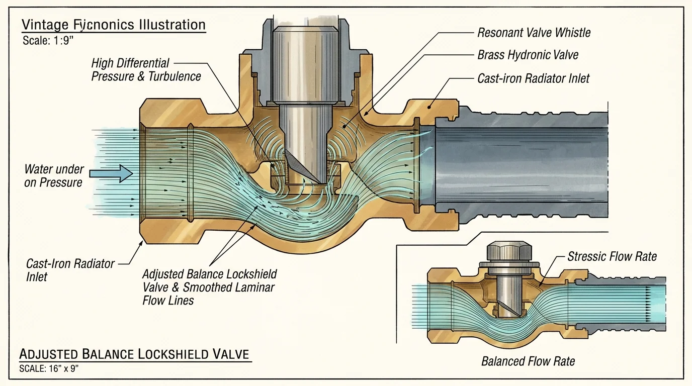 Technical cross-section illustration of water flow and turbulence through a brass hydronic radiator valve with labels.