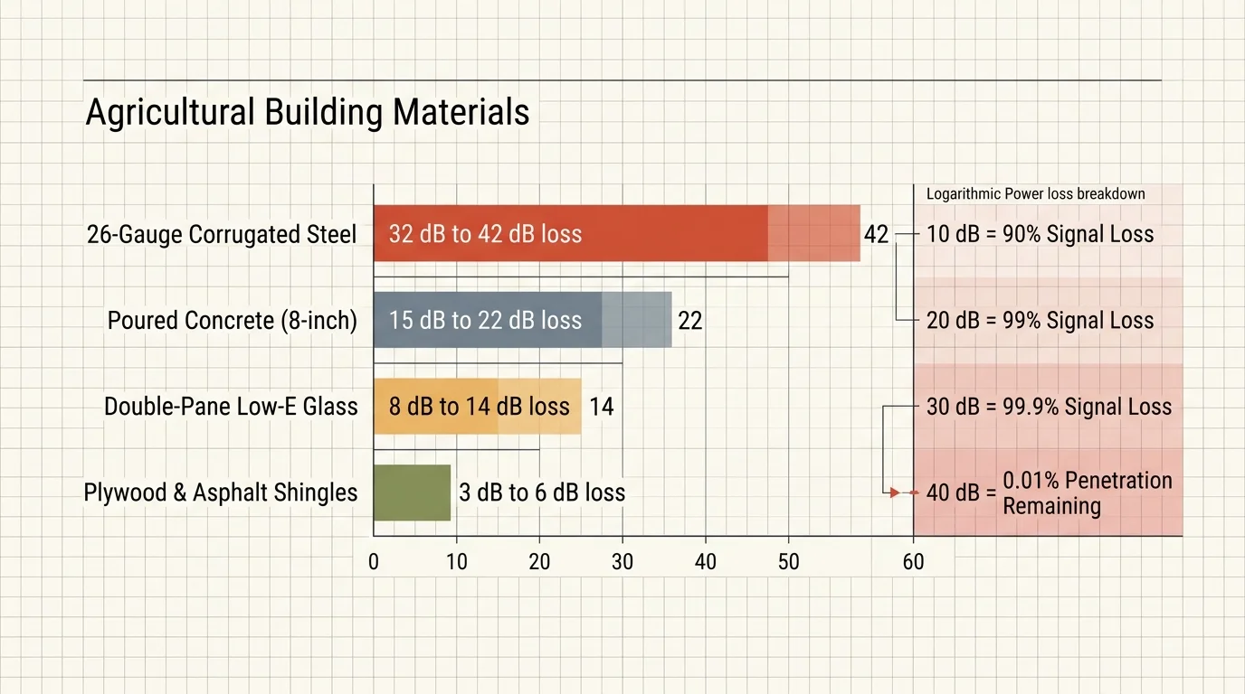 Horizontal bar chart comparing RF signal loss across agricultural building materials alongside logarithmic power loss breakdown.
