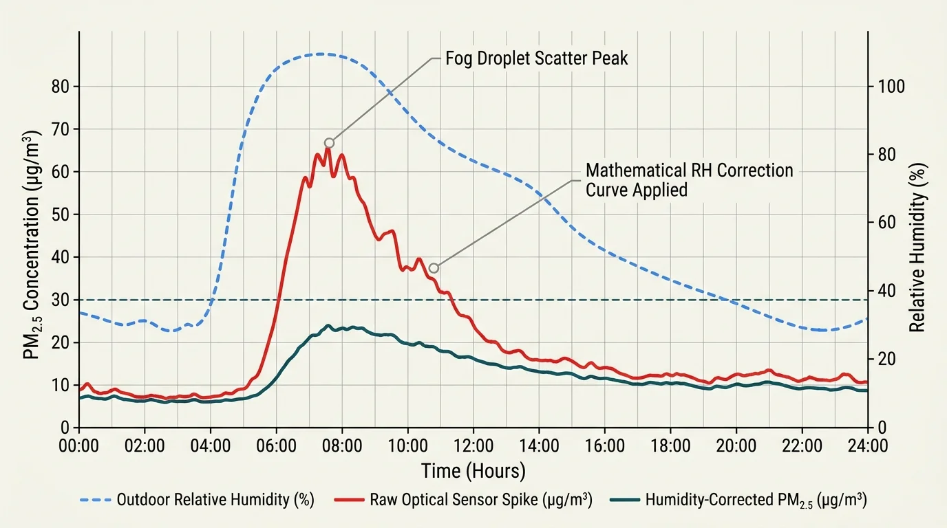 Line graph comparing raw optical sensor spike, outdoor relative humidity, and humidity-corrected PM2.5 over 24 hours.
