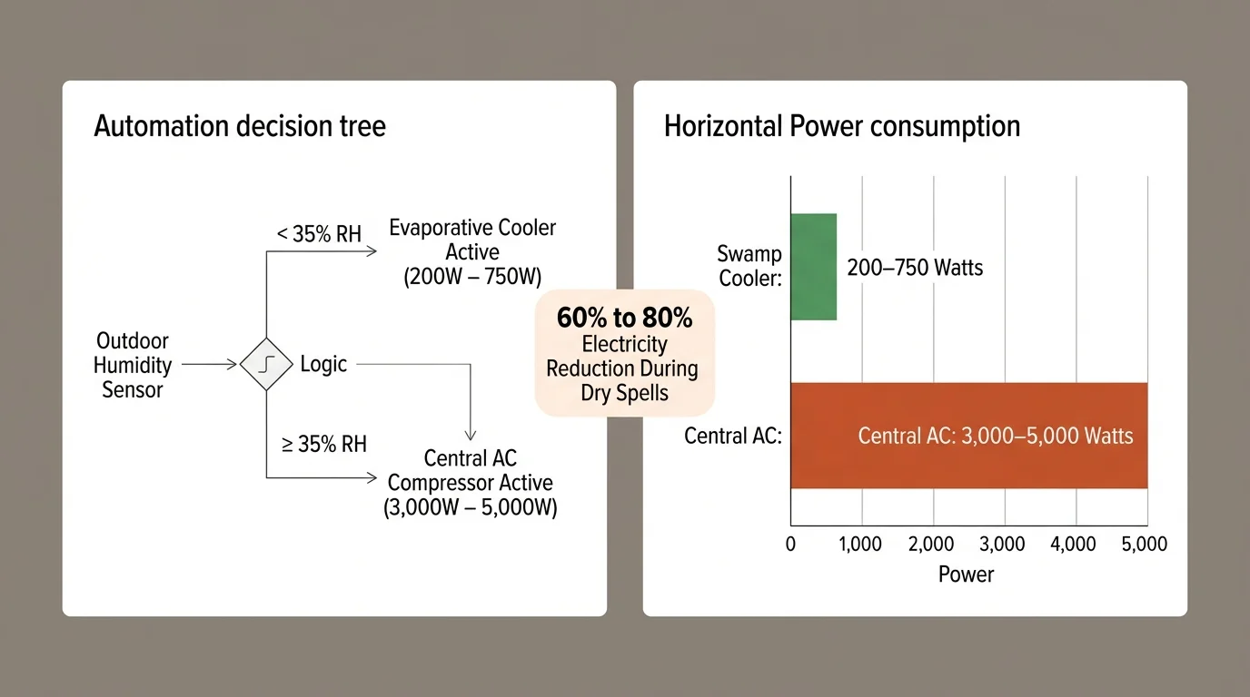 Decision tree for humidity sensor logic paired with a bar chart comparing swamp cooler and central AC power consumption.