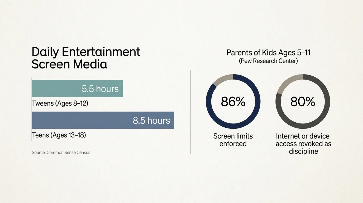 Bar chart comparing tween and teen screen time alongside donut charts showing 86% set limits and 80% revoke access.