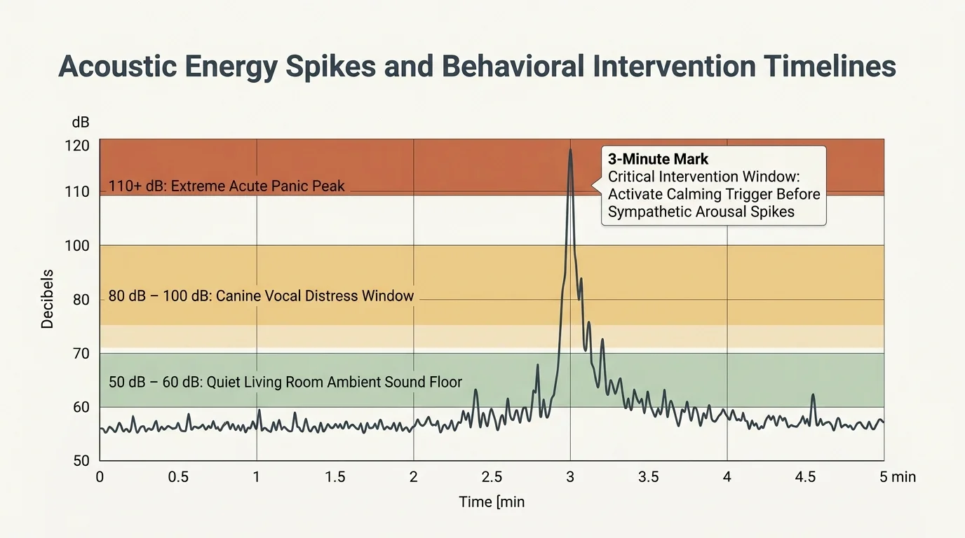 Line graph tracking decibel levels over five minutes, peaking sharply past 110 dB at the three-minute mark.