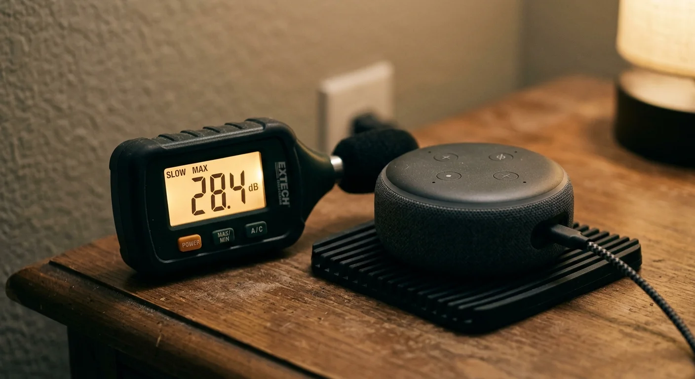 A digital sound level meter reading 28.4 decibels sits beside a small smart speaker on a wooden nightstand.