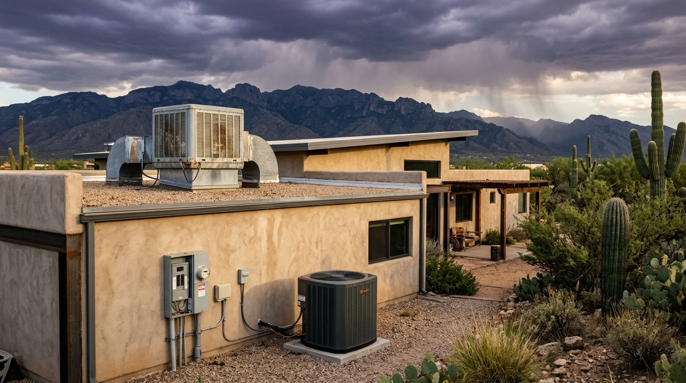 Rooftop swamp cooler and ground-level AC unit beside a desert home, with storm clouds over mountains behind.