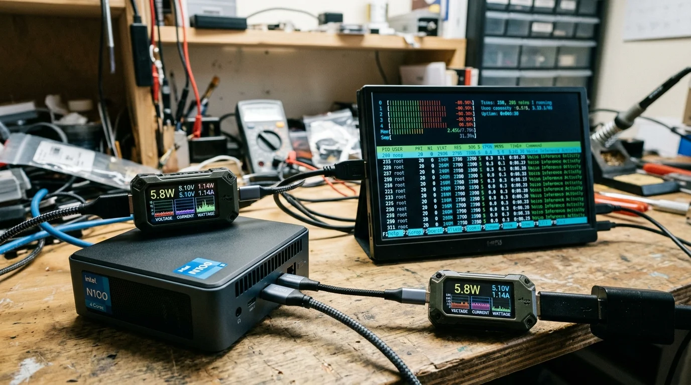 Intel N100 mini-PC on a workbench connected to digital inline power meters showing 5.8W and a small diagnostic monitor.