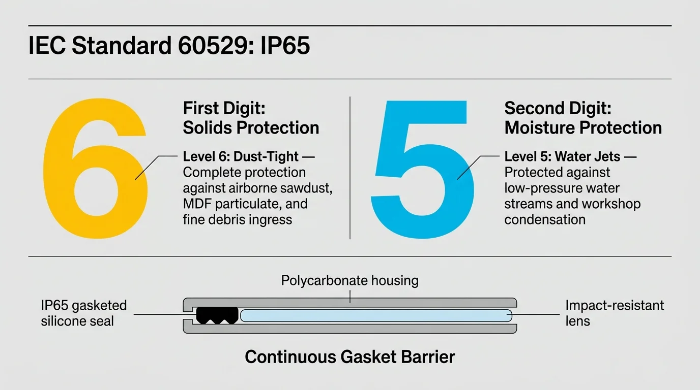 Diagram of IEC Standard 60529 IP65 breakdown, showing digits 6 and 5 alongside a continuous gasket barrier cross-section.