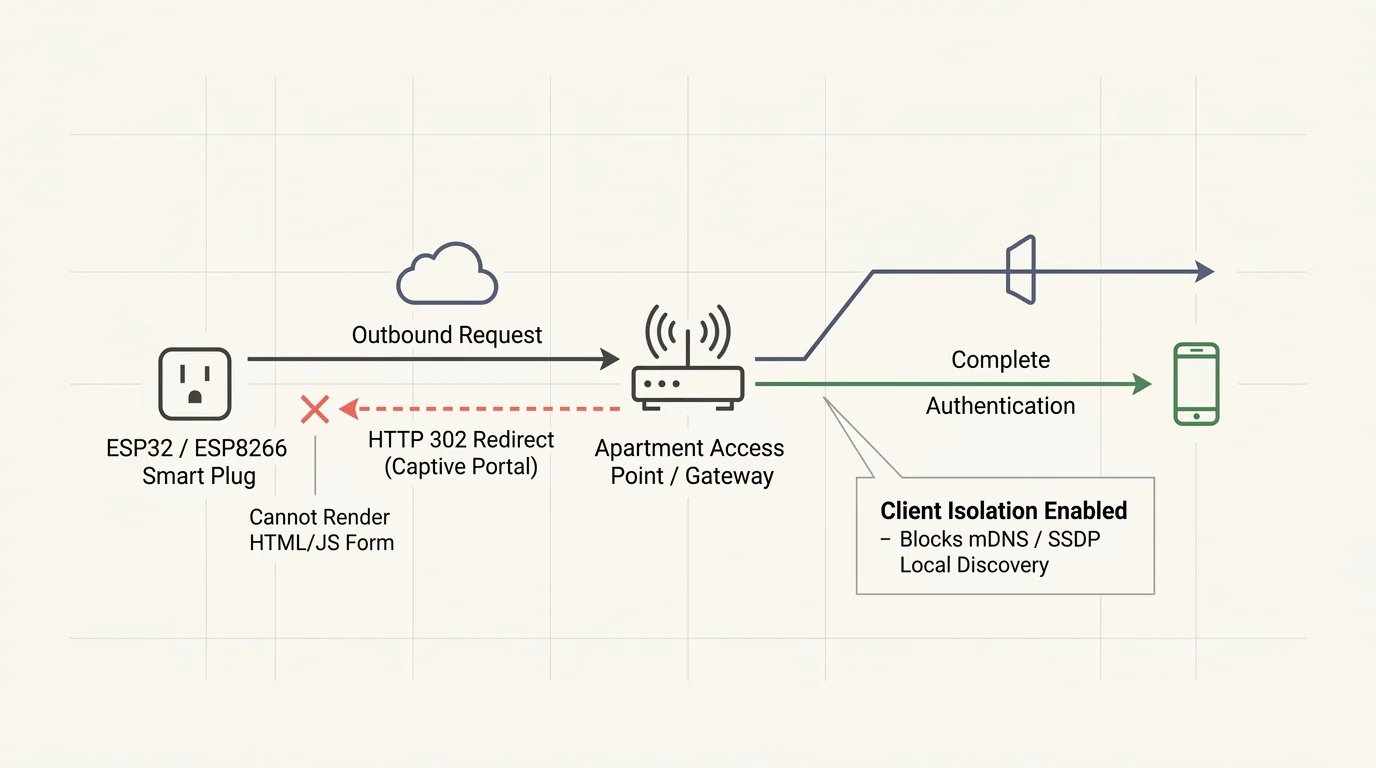 Network diagram showing an ESP32 smart plug blocked by a captive portal redirect while a smartphone completes authentication.