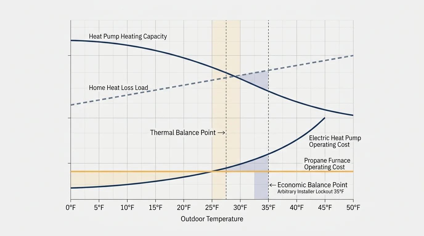 Line graph comparing heat pump heating capacity and home heat loss to electric and propane heating operating costs.