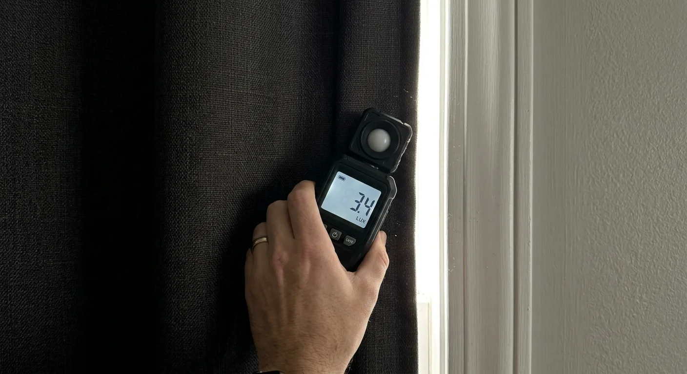 Hand holding a digital lux meter reading 3.4 lux next to light bleeding from the edge of a dark blackout curtain.