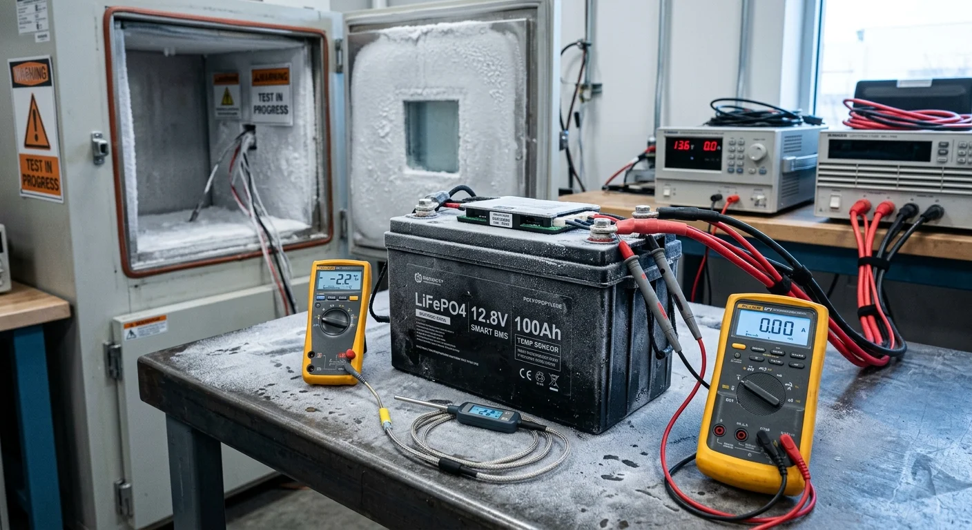 Frost-covered LiFePO4 battery connected to multimeters and test equipment on a workbench beside an open thermal chamber.