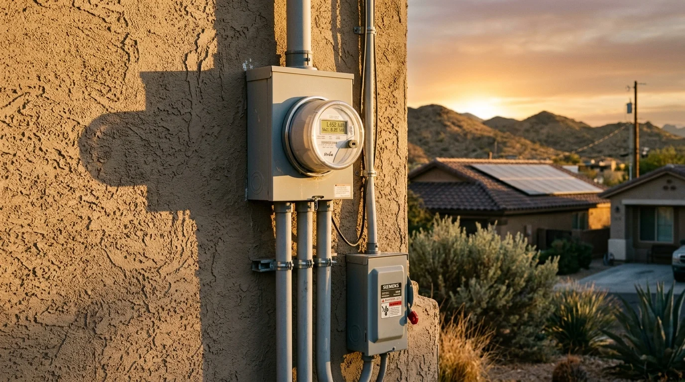 Electric meter and breaker box mounted on a stucco exterior wall overlooking a desert neighborhood at sunset.