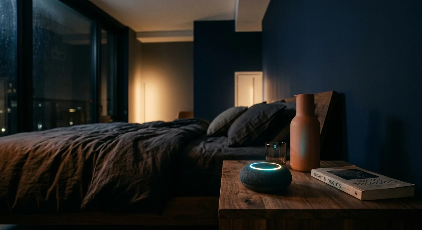 A glowing smart speaker sits on a wooden bedside table next to a bed and book in a dark bedroom.