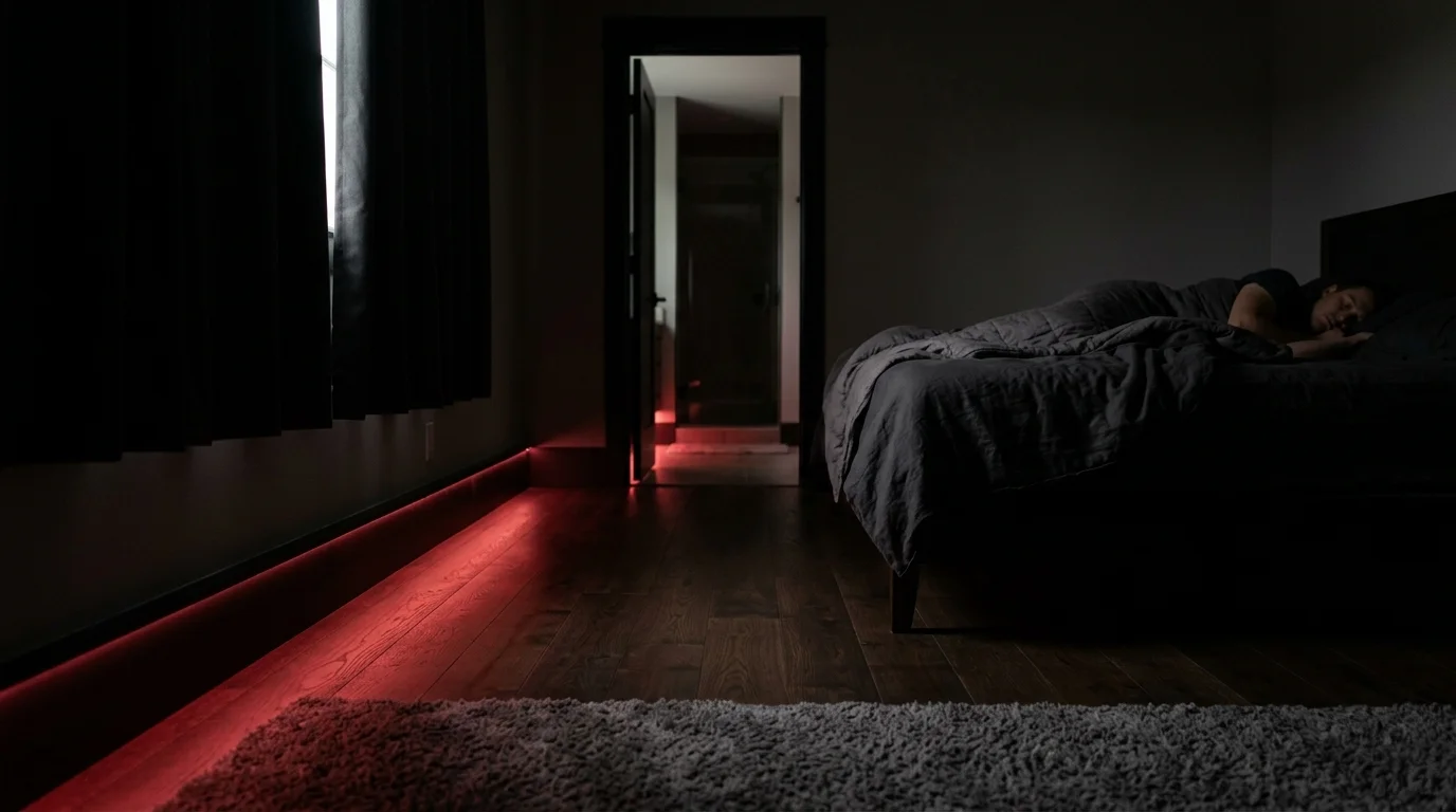 Person sleeping in a dark bedroom with red LED floor strip lighting along the baseboard leading into an open doorway.