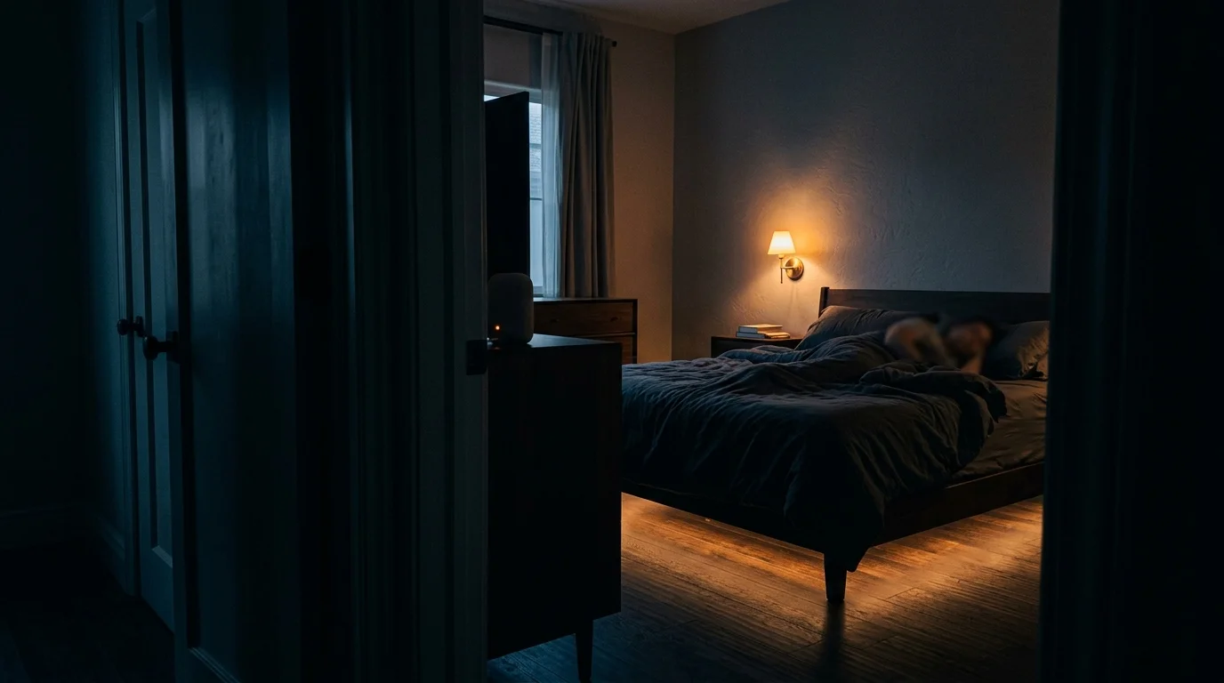 Dark bedroom seen through a doorway, with a glowing wall sconce and warm light strip illuminated beneath the bed.