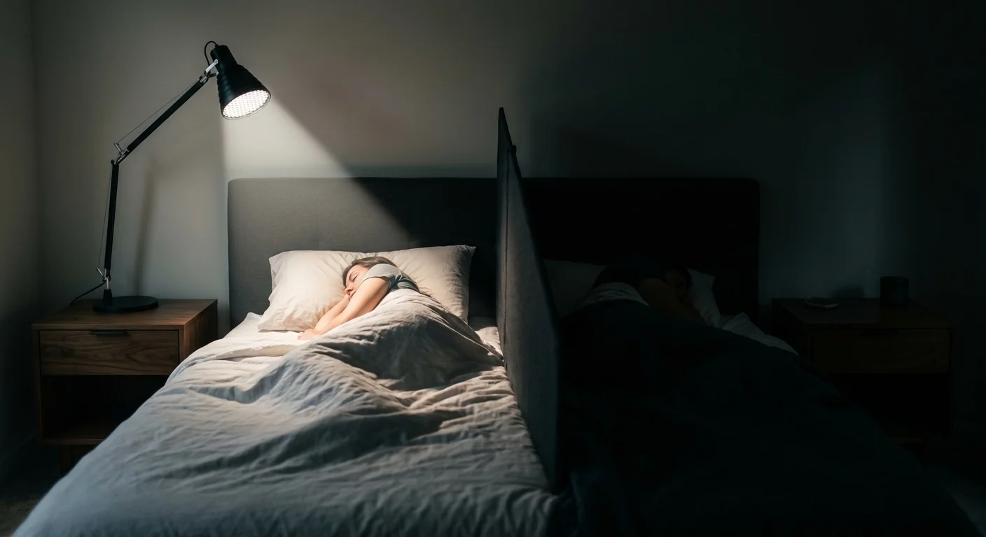 A bed divided by a screen, with an adjustable desk lamp illuminating a sleeping person while the other side remains dark.