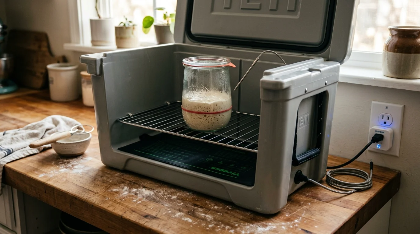 Sourdough starter jar inside a cutaway cooler proofing box on a wooden countertop next to a smart plug.