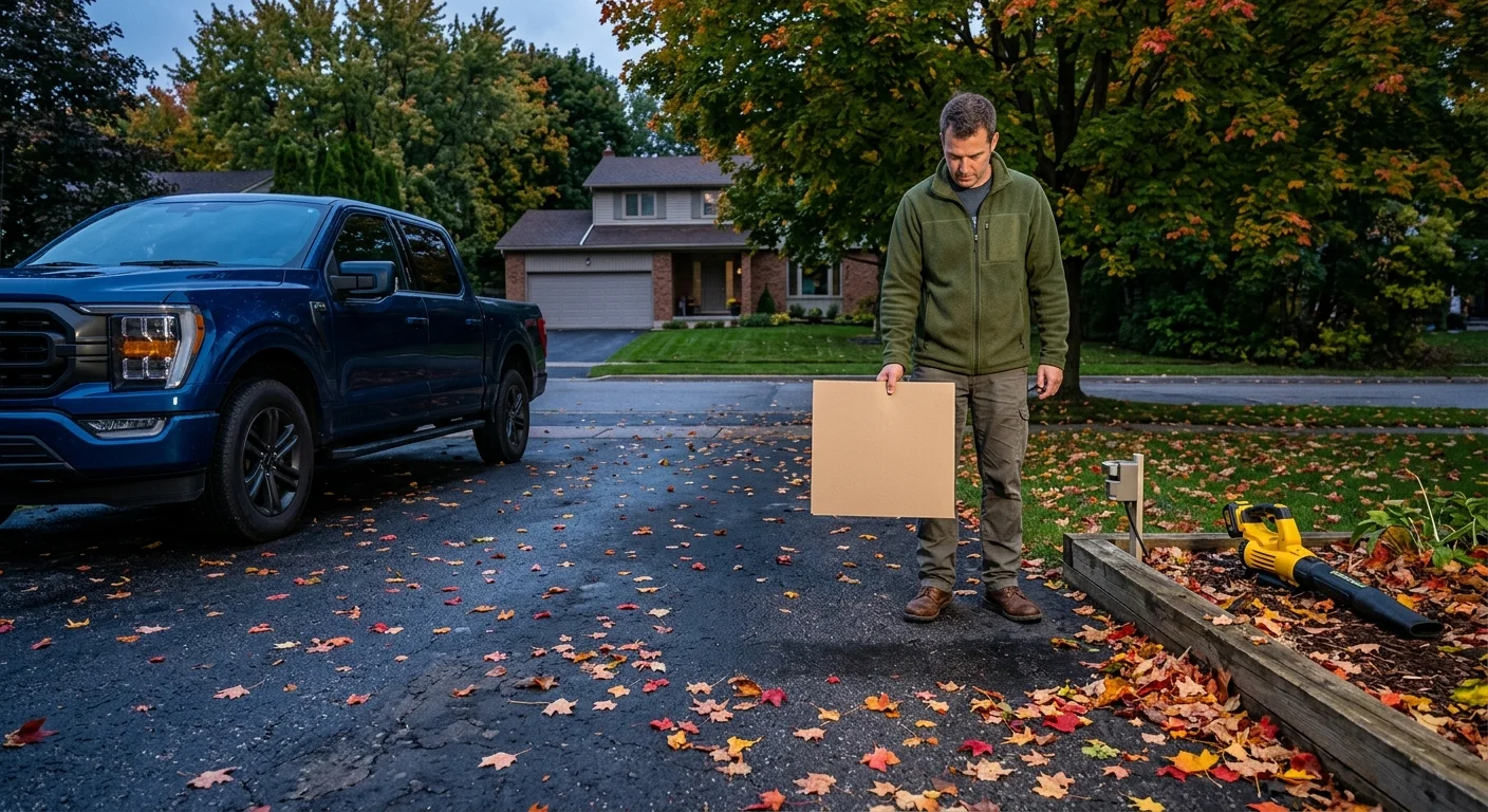 A man holds a cardboard square near an outdoor driveway sensor beside a parked blue pickup truck and autumn leaves.