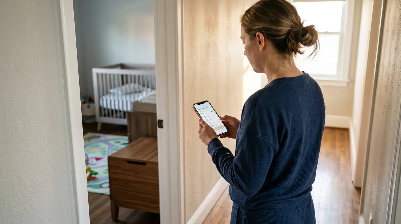 A woman stands in a hallway holding a smartphone, looking toward an open doorway into a child's nursery with a crib.