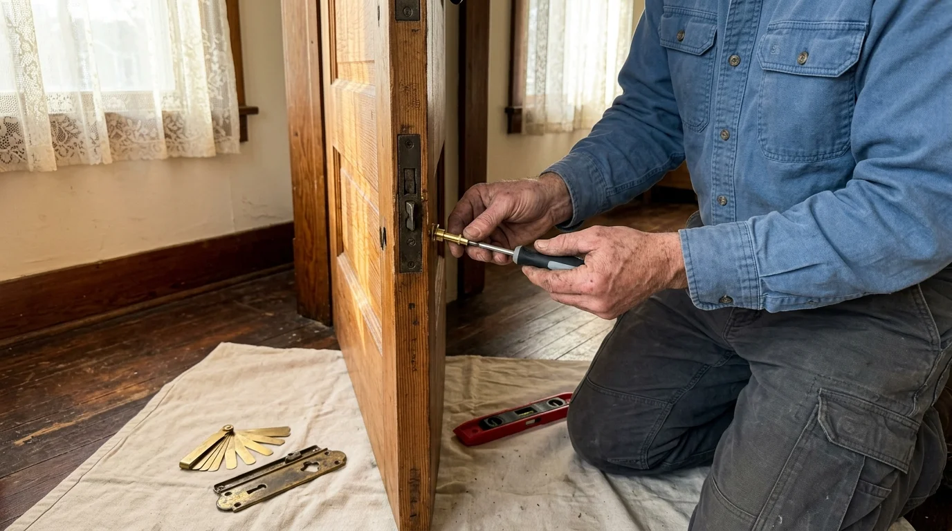 Person kneeling on a drop cloth using a screwdriver to install brass lock hardware into a wooden door edge.