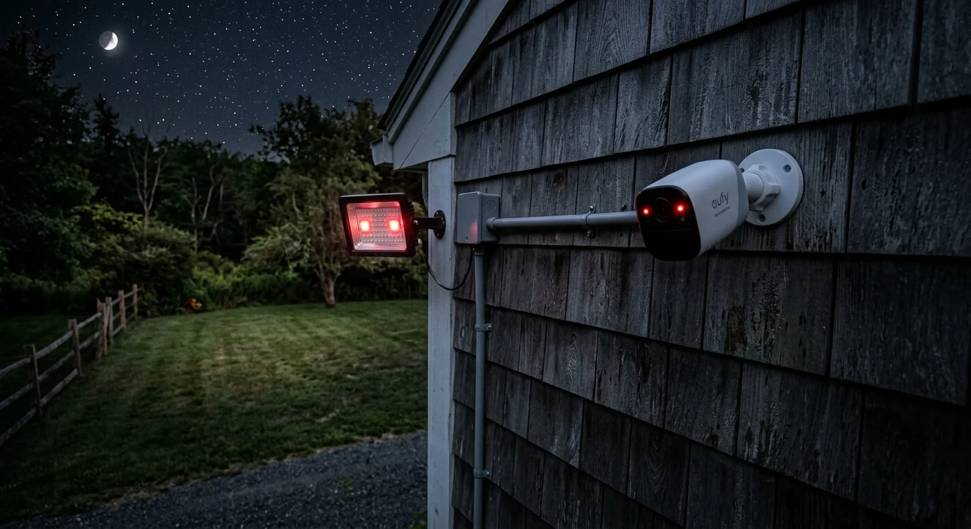 Outdoor security camera and separate infrared illuminator panel mounted on a wood-shingled wall at night.