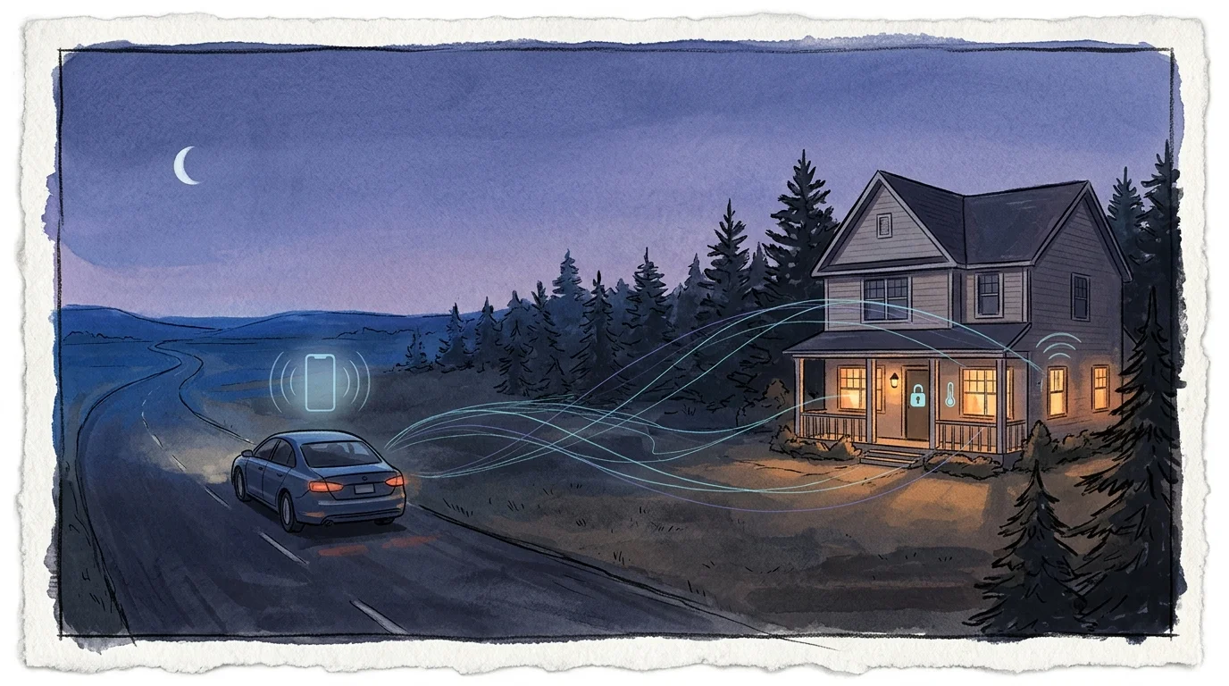 Car driving at night with glowing connection lines linking a smartphone icon to smart devices in a house.