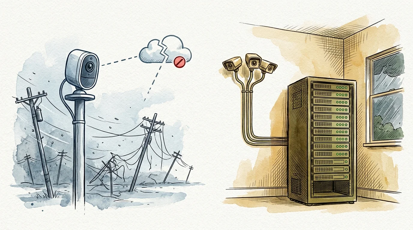 Split illustration showing an outdoor camera disconnected during a storm next to indoor cameras wired directly to a server rack.