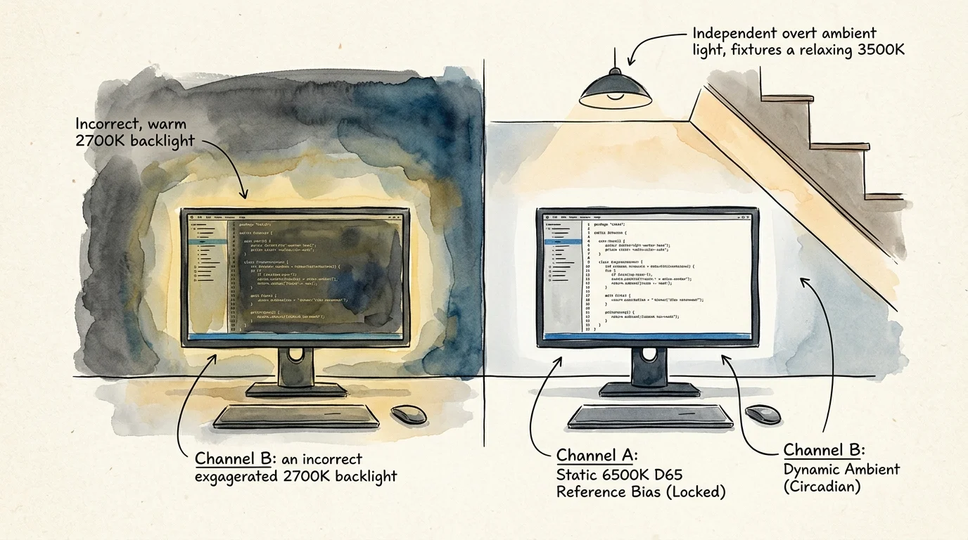 Split illustration comparing an incorrect warm 2700K backlight against a static 6500K D65 bias light under stairs.