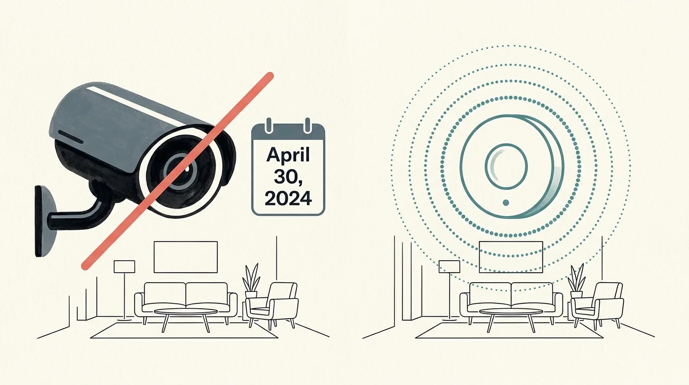 Illustration of a crossed-out security camera dated April 30, 2024 beside an environmental sensor emitting signals.