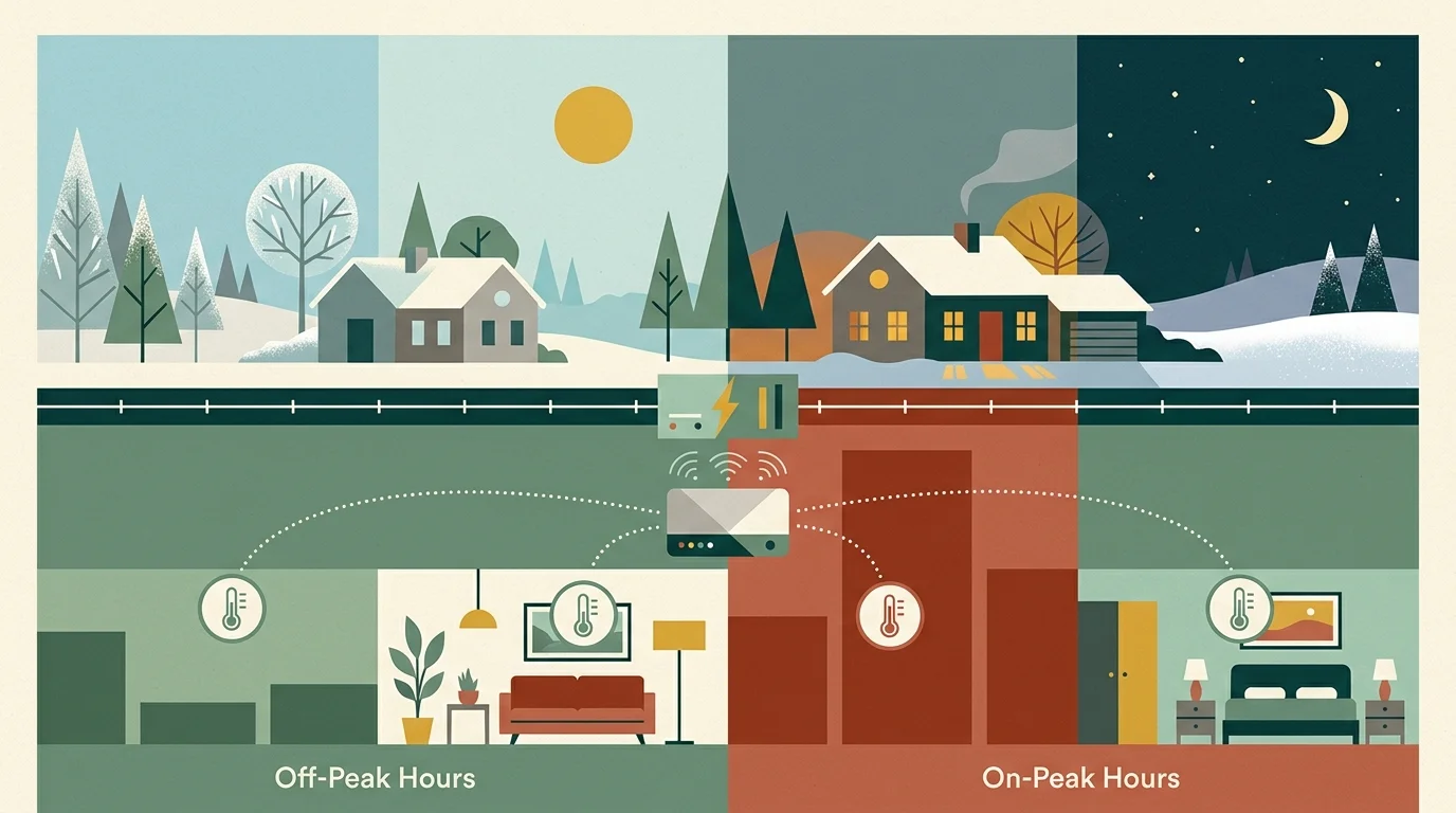 Illustration comparing off-peak and on-peak hours across day and night home scenes, utility bars, and a thermostat.