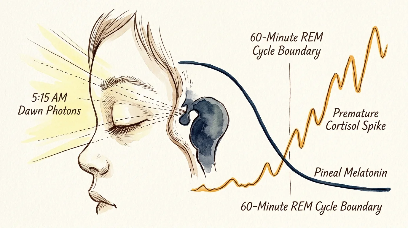 Watercolor illustration of a sleeping child's face beside graphs of decreasing melatonin and rising cortisol levels.