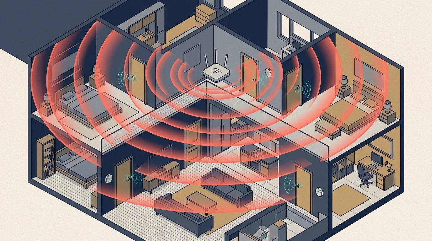 Cutaway illustration of a two-story home with red radio waves radiating from a central Wi-Fi router across rooms.