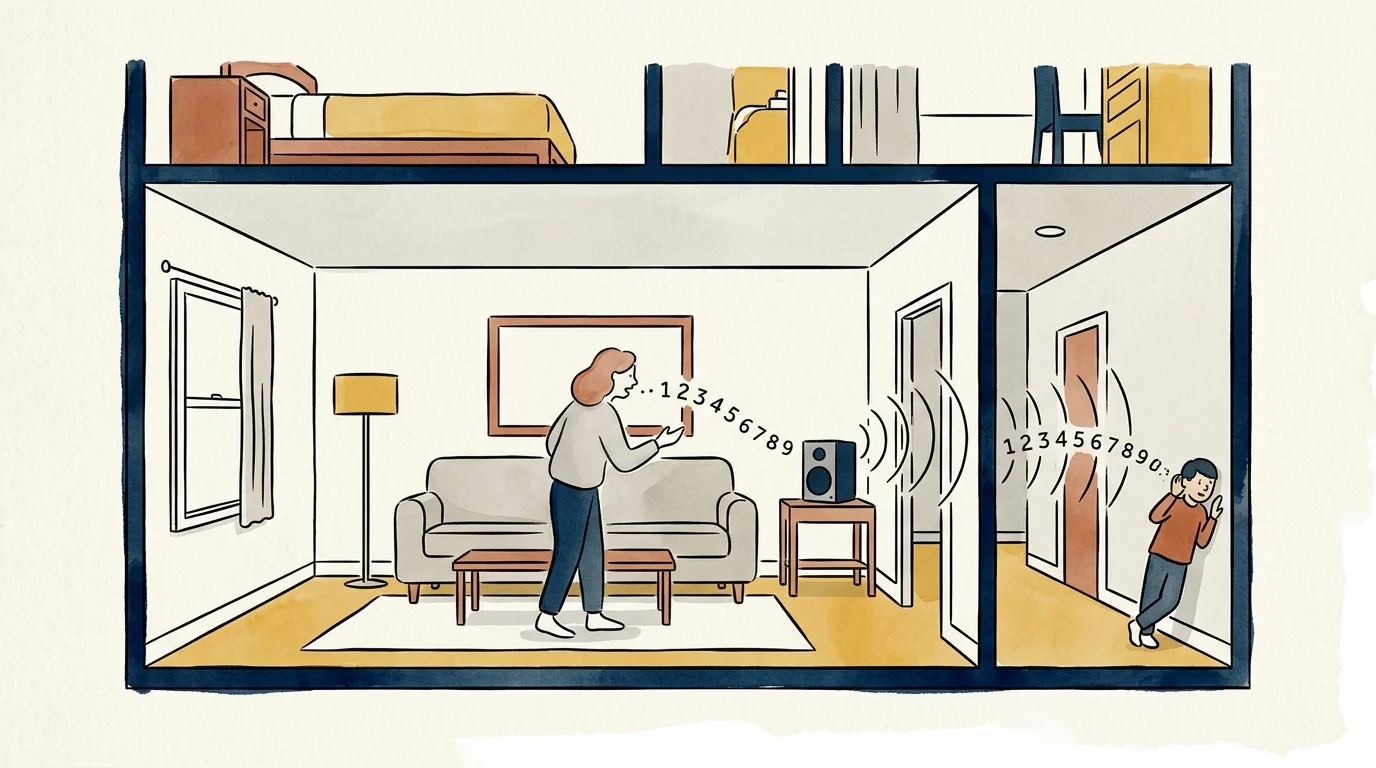 Cutaway illustration of a woman speaking numbers to a smart speaker while a child listens around a hallway corner.