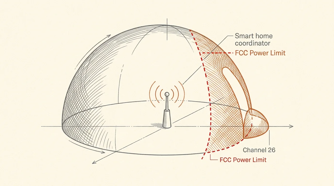 Diagram of a transmitter dome clipped by an FCC Power Limit plane, showing a reduced Channel 26 coverage zone.