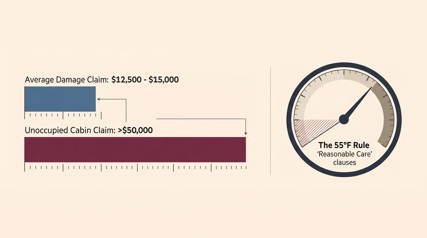 Bar chart comparing average damage claims to unoccupied cabin claims, beside a dial marked The 55°F Rule.