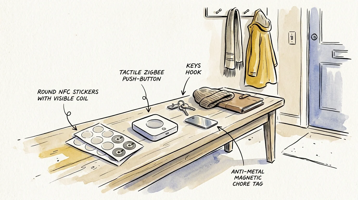 Watercolor illustration of a bench with round NFC stickers, a push-button device, anti-metal tag, keys, and a notebook.