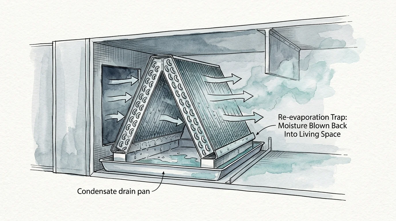 Illustration of an A-frame evaporator coil over a condensate drain pan with arrows showing air carrying moisture away.