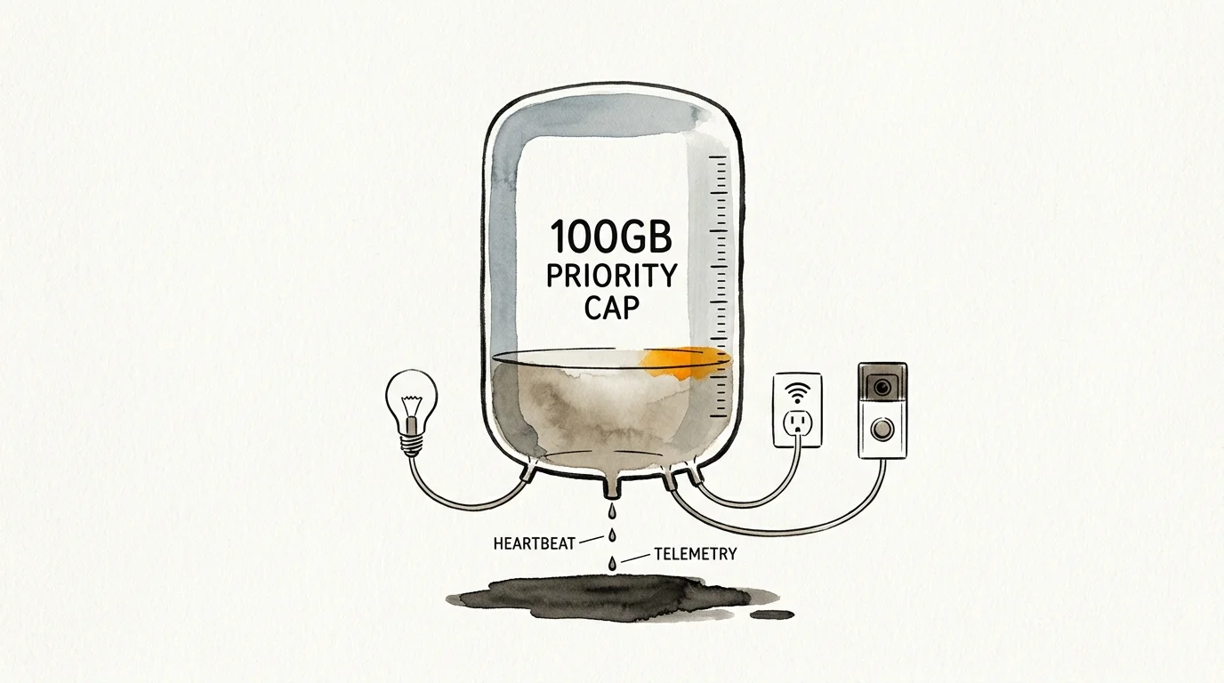 Illustration of a 100GB priority cap tank leaking drops labeled heartbeat and telemetry connected to smart devices.
